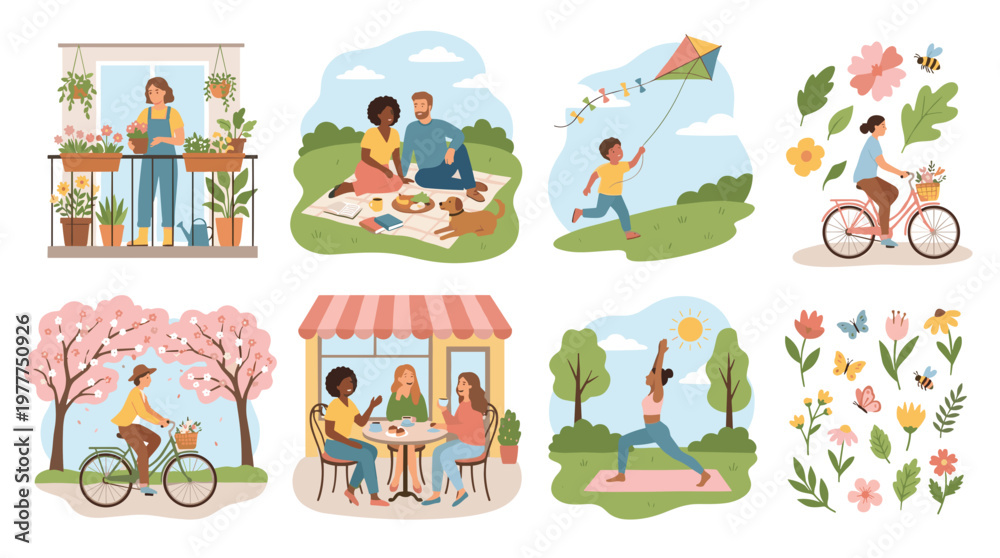 Naklejka premium A collection of vibrant scenes captures the essence of leisure, nature, and social connection. Each meticulously crafted illustration evokes feelings of serenity, adventure.