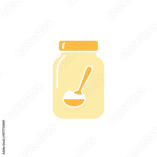 A simple icon representing a container filled with a powdered substance, possibly a supplement or spice, with a scoop inside