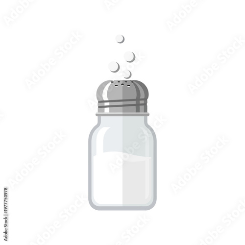 A minimalistic, flat design illustration of a salt shaker filled with white salt, with a few salt granules escaping from the top, isolated on a white background