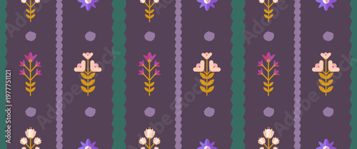 Violet striped seamless pattern with decorative vertical bands. Symmetrical geometric layout in a whimsical coquette vintage style for fabric.