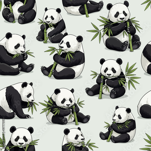 Adorable Giant Pandas Eating Bamboo in Various Poses.