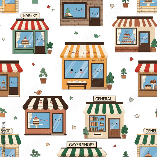 Charming Cartoon Shops with Happy Faces.