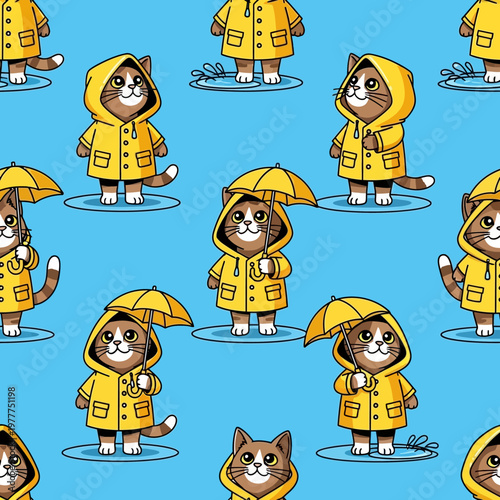 Cute Cartoon Cats Wearing Yellow Raincoats and Holding Umbrellas Seamless Pattern.
