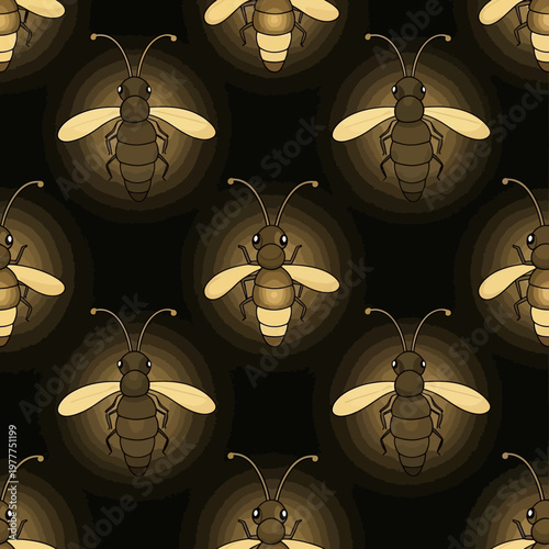 Seamless pattern of glowing fireflies at night.