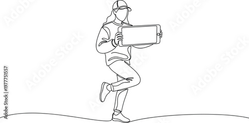 Delivery courier holding blank package box running fast continuous line drawing shipping service logistics illustration