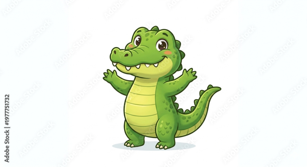 Fototapeta premium Friendly Green Crocodile Cartoon Waving Hand Isolated on White
