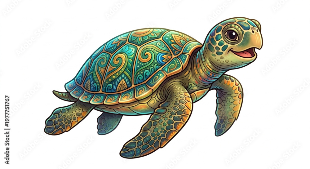 Fototapeta premium Artistic Sea Turtle with Intricate Mandala Pattern and Colorful Ornaments