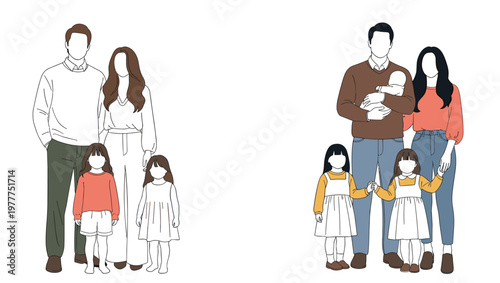 Family portraits with parents and children wearing face masks flat vector illustration modern lifestyle and health safety concept