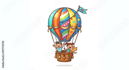 Children and Cat Flying in Colorful Hot Air Balloon Illustration