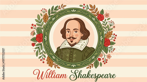 Portrait of William Shakespeare in a green frame with floral wreath on striped background