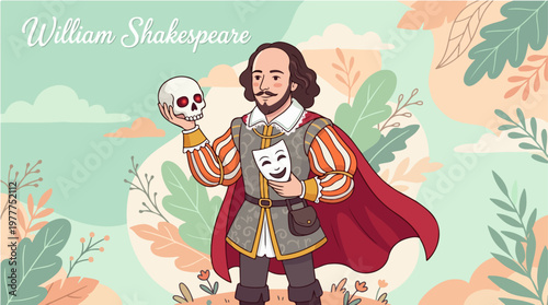 Illustration of William Shakespeare holding comedy and tragedy masks with a skull