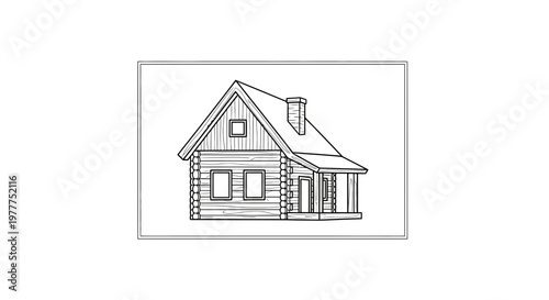 Rustic Log Cabin Sketch: Cozy Woodland Home with Chimney and Porch