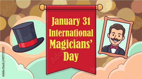 Celebrating International Magicians' Day on January 31 with cartoon magician portrait and hat