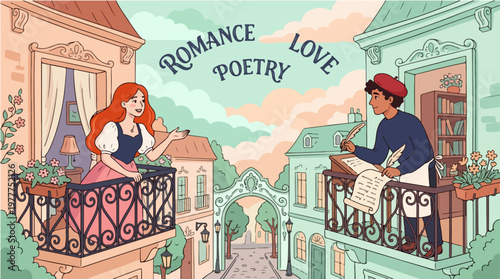 Couple on balconies in Parisian street with Eiffel Tower, reading and writing love letters romantically