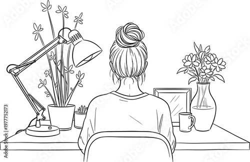 Woman working at desk with laptop plants and lamp back view continuous line drawing home workspace illustration