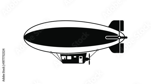 Black and White Airship Blimp Icon: Minimalist Side View Zeppelin Vector