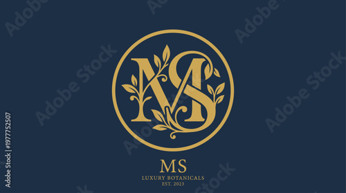 Luxury Botanical Monogram Logo: Elegant Gold MS Initials with Leaf Elements Vector