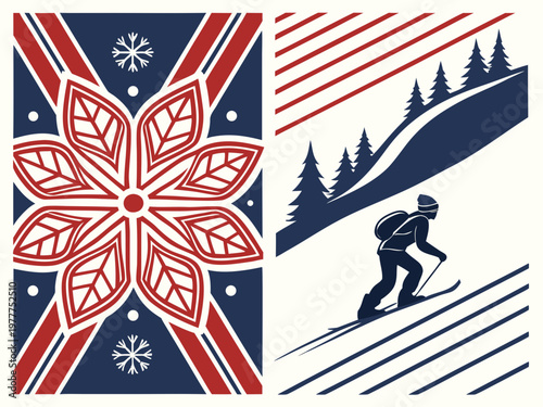 Snowflake and skier winter scene vector illustration snow skiing holiday