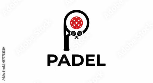 Clean padel logo design featuring stylized letter P, ball and crossed rackets, representing sports club identity in Bandung Indonesia.