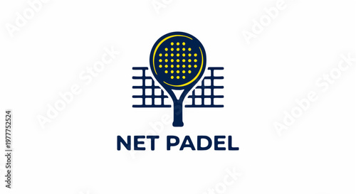 Minimalist logo featuring a padel racket and net, representing sports merchandise branding with modern clean design and bold blue yellow colors.
