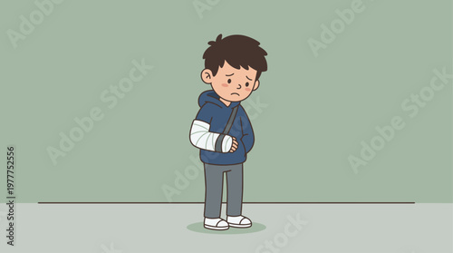 A sad young boy with a broken arm in a sling stands dejectedly against a plain background, illustrating childhood injury and emotional distress.