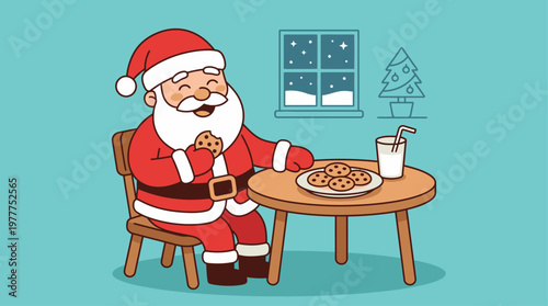 Cute Cartoon Santa Claus Eating Cookies and Milk: Flat Vector Christmas Illustration