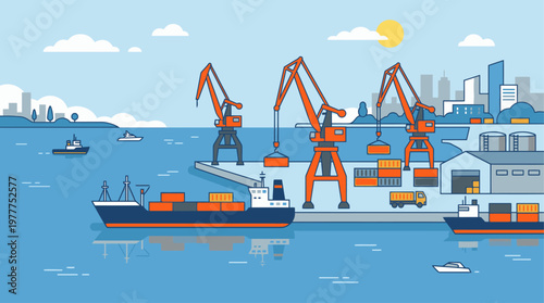 Vector Cargo Port Illustration – Shipping Harbor with Cranes and Container Ship