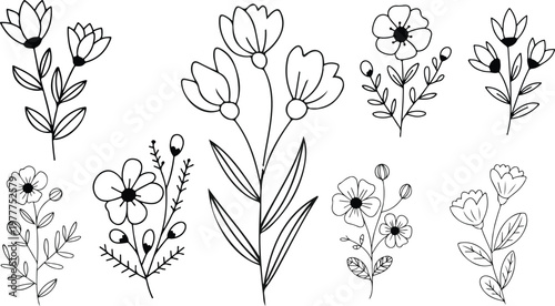 Clean vector illustration of eight simple flower icons featuring tulip daisy and sprig variations in elegant line art