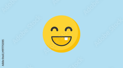 This cheerful yellow emoji face, featuring a wide toothless grin and closed eyes, radiates pure happiness and playful innocence on a serene blue background.