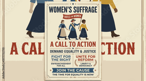 A powerful vintage-style poster advocating for women's suffrage, demanding equality, justice, and the right to vote through a united call to action.