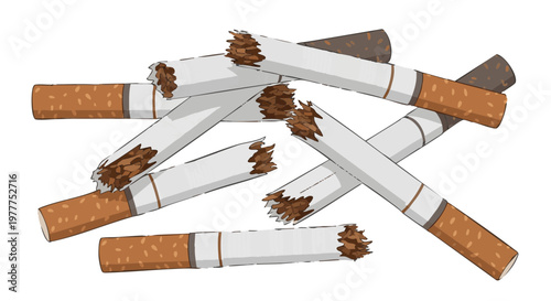 Pile of broken cigarettes illustration. Concept for quitting smoking, addiction, and breaking bad habits