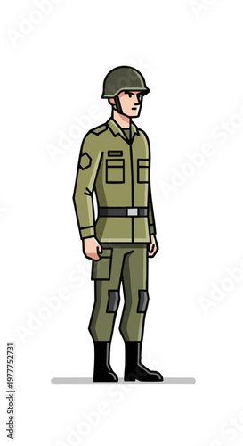 Soldier in military uniform standing at attention. Vector art illustration on a white background
