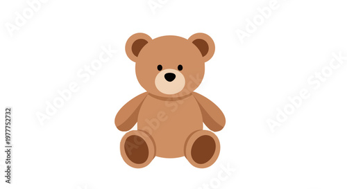 Cute brown teddy bear cartoon illustration. A simple stuffed animal toy sitting, isolated on a white background