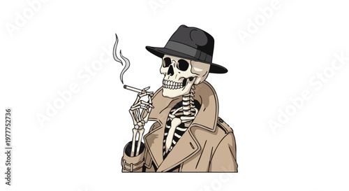 Vector illustration of a skeleton detective in a fedora hat and trench coat smoking a cigarette