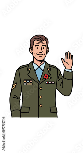 Veteran in military uniform with a red poppy flower illustration. Soldier waving or taking an oath