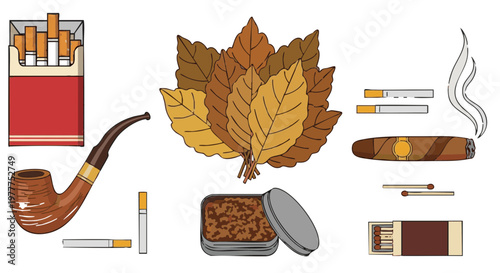 Set of tobacco products icons including cigarettes, cigar, pipe, and leaves. Vector illustration