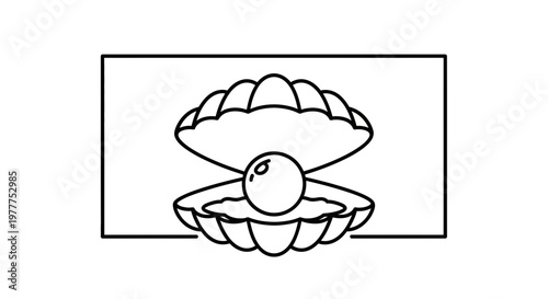 Open Seashell with Pearl Inside, Simple Line Art Illustration