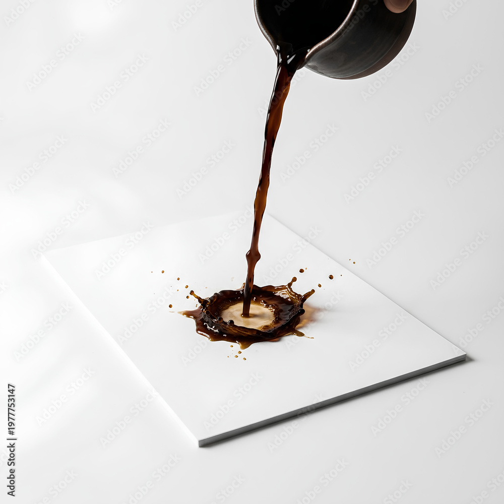 Fototapeta premium Coffee pouring splash on a white surface artistic shot.