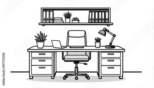 Modern Office Desk Setup with Laptop and Lamp Illustration.