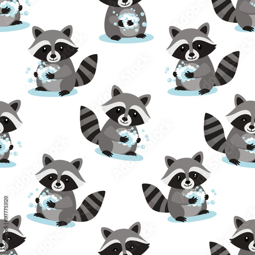 Cute cartoon raccoons washing hands with soap bubbles.