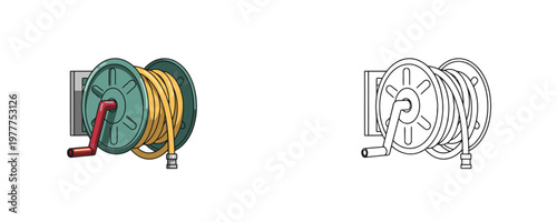 Illustrations of a garden hose reel in flat colorful and black line art styles featuring a yellow hose on a green reel with a red handle used for garden irrigation and watering
