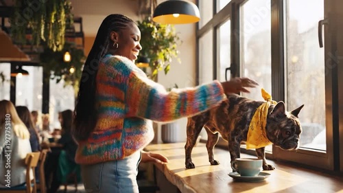 Happy African American Woman Dancing and Petting French Bulldog in Sunlit Cafe