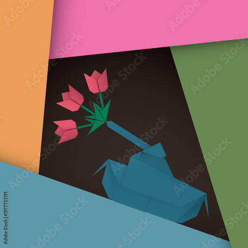 3D origami military Tank have flowers at the muzzles of cannon on colorful square background