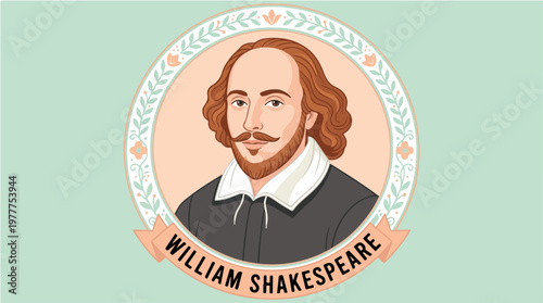 Illustration of William Shakespeare in a circular frame with floral design on a light green background.