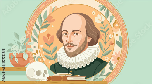 Illustration of William Shakespeare sitting at a desk with a skull and book in a decorative setting.