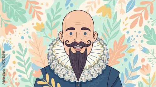 Illustration of a smiling man with a mustache and ruffled collar against a colorful floral background.