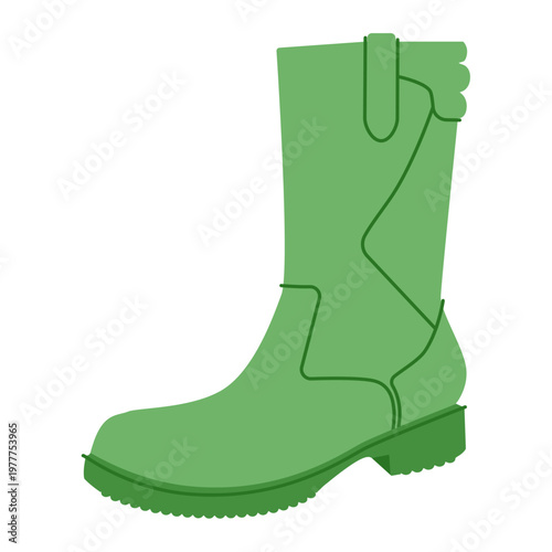 Green harness utility boot women color flat. Strap detail lug sole mid calf boot for style outdoor wardrobe and travel days. Technical fashion illustration CAD mockup smooth vector man unisex isolated