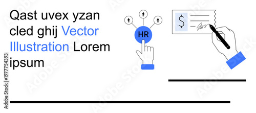 Human resources, payroll processing, employment, workforce management, financial transactions, recruiting. Hand pointing at HR icon and signing a check. Human resources and payroll concepts