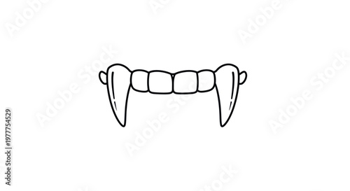 Hand-drawn vampire fangs illustration, white background, spooky halloween symbol