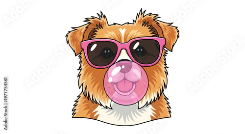 Cool dog wearing sunglasses blowing a pink bubblegum bubble
